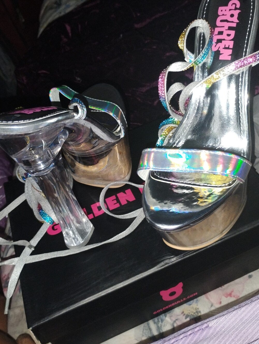 Holographic Platform Lace-Up Heels with Clear Block Heel